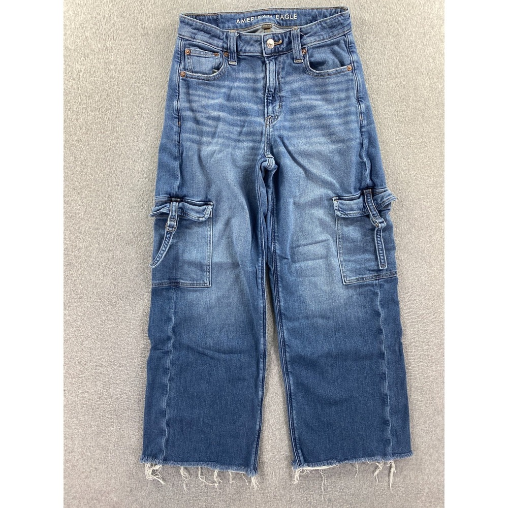 American Eagle Super High Rise Baggy Wide Leg Jeans Womens 0 Medium Blue Wash